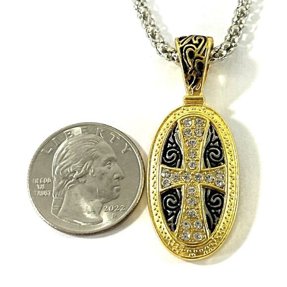 Vintage Necklace Trinity Broadcasting Network Cross Dual Tone Pendant Rhinestone - Picture 3 of 5